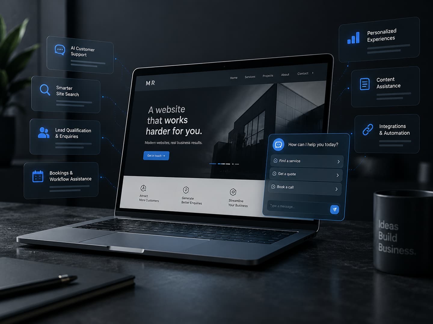 AI-assisted business website interface showing customer support, search, enquiries, bookings and automation.