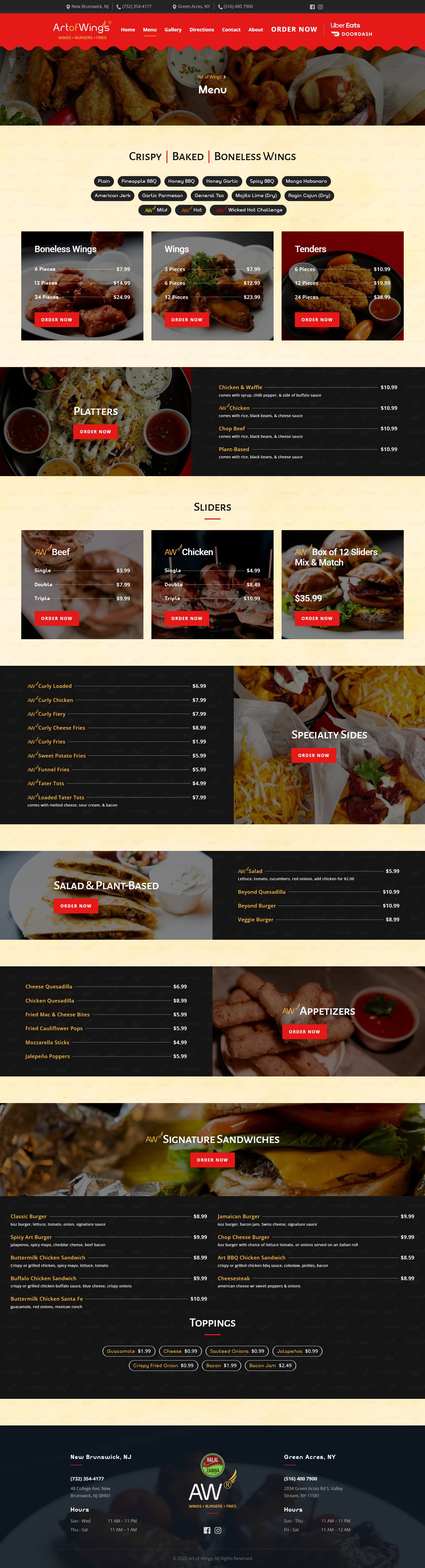Art of Wings Menu page desktop design