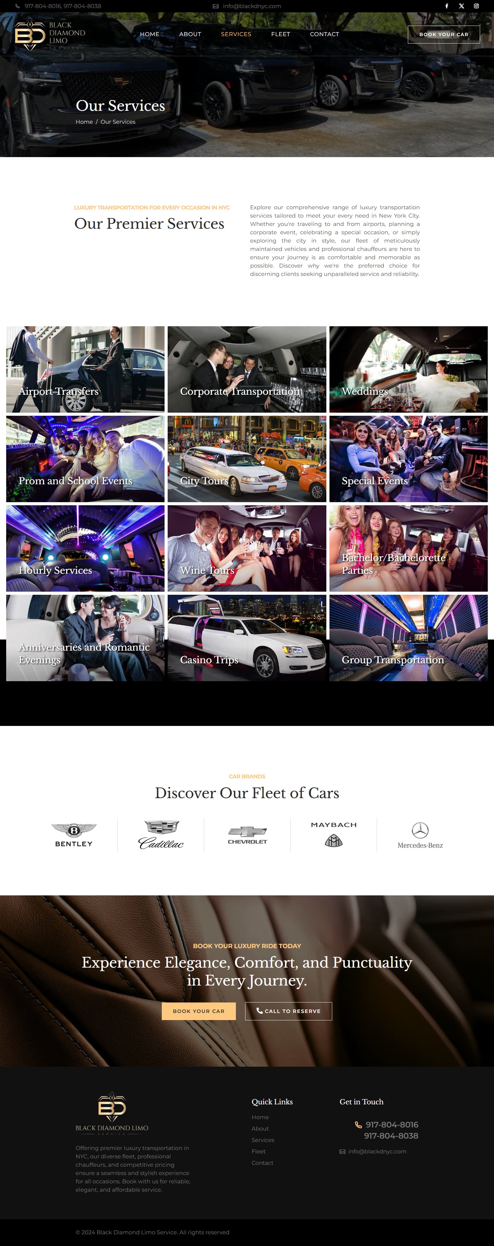 Black Diamond Limo Service Services page desktop design
