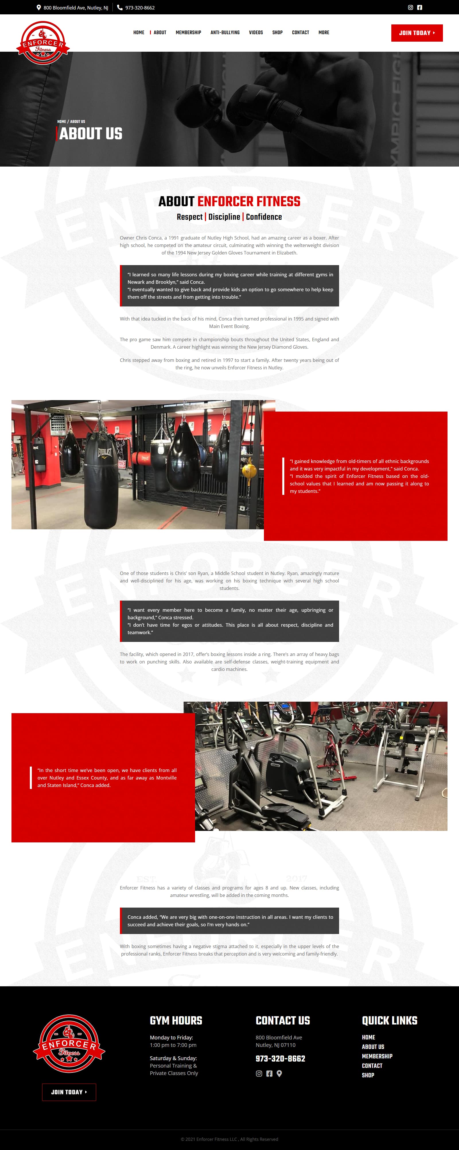 Enforcer Fitness About page desktop design