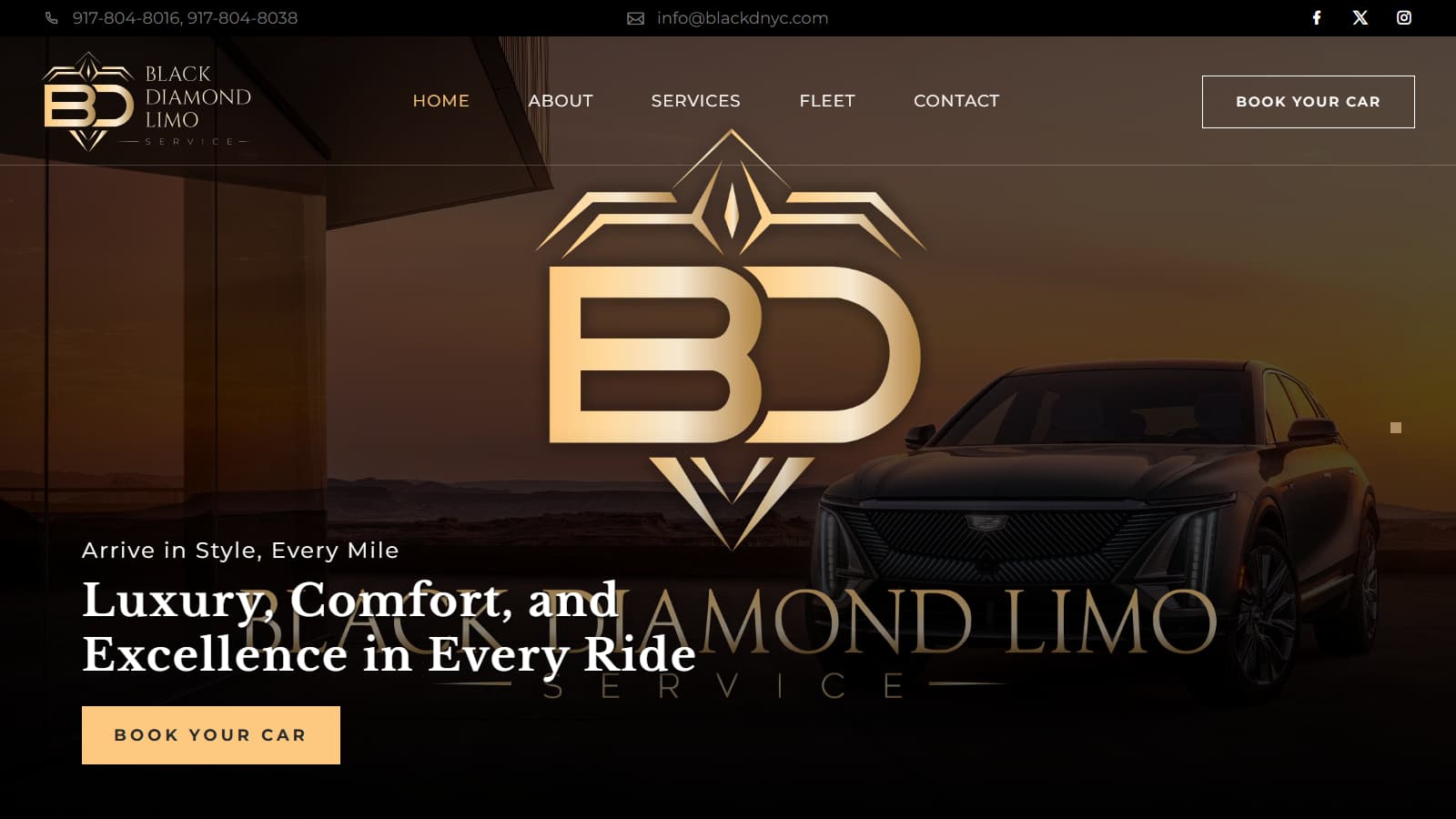 Black Diamond Limo Service homepage desktop design as delivered