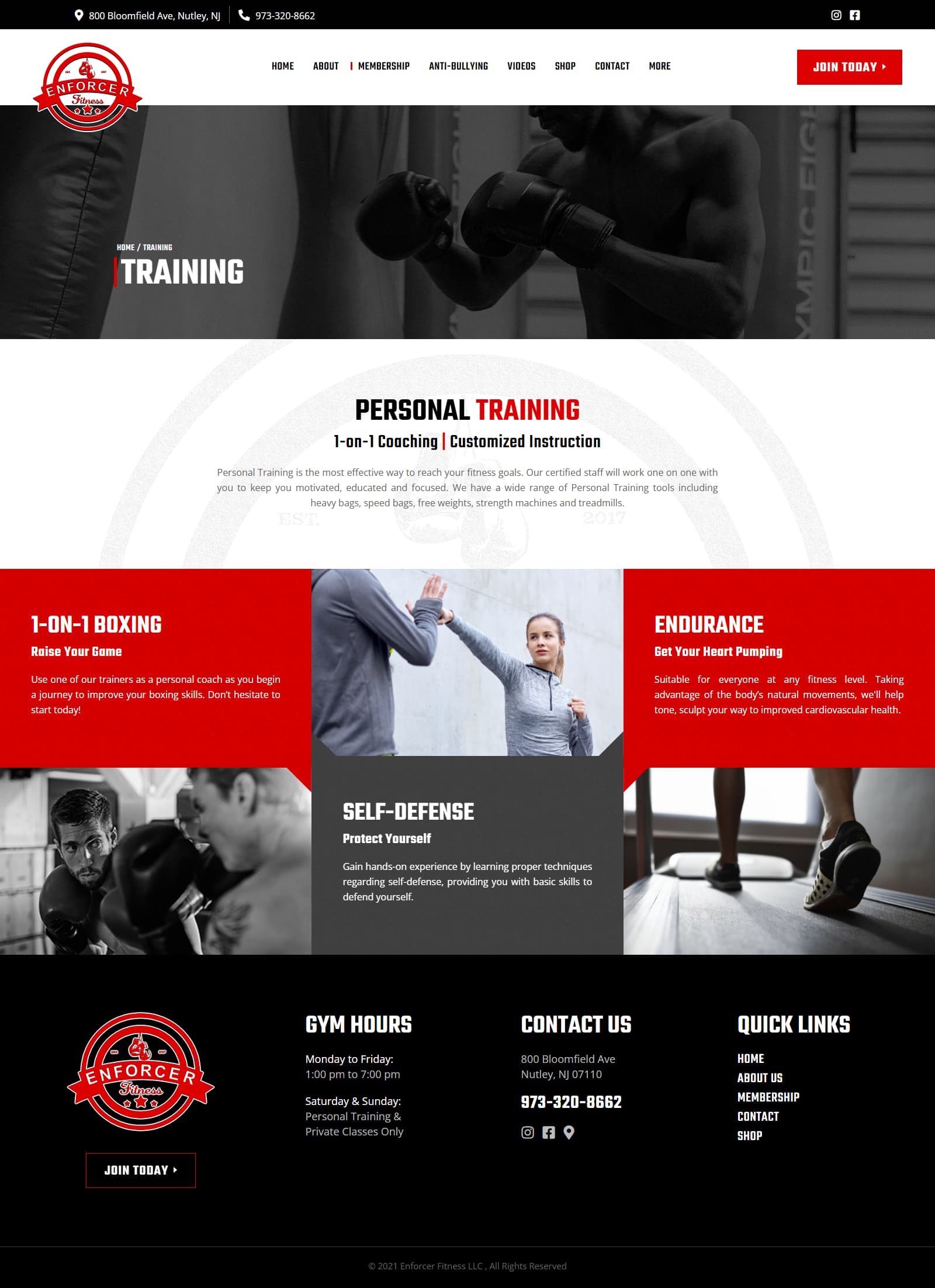 Enforcer Fitness Training page desktop design