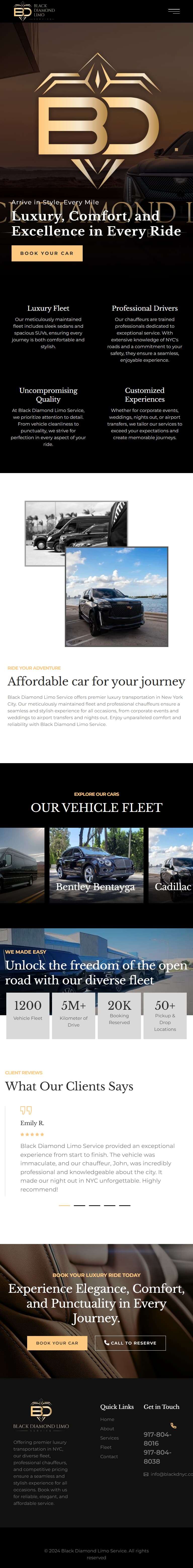 Black Diamond Limo Service homepage tablet layout